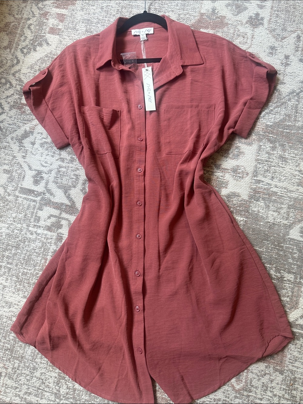 She + Sky Button-Front Dress in Rust/Dark Coral
